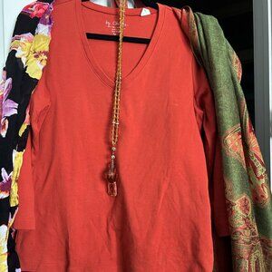 Summer outfit complete with top, scarves, purse and necklaces - orange color